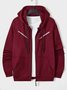 RueChic Nam Khối màu Túi kangaroo Áo Zip Up Hoodie Với Viền tương phản - Màu Đỏ Sâu - Xem 1