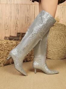 Botas de mujeres de moda plata decorado clásico rodilla - Plateado - Ver 2