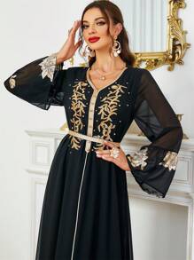 SISKAKIA Gold Leaf Pattern Arabian Modest Long Sleeve Dress Kaftan - Black - View 6