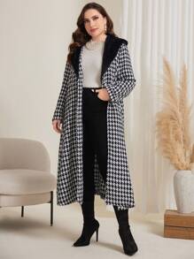 Modelyn Áo khoác ngoài Houndstooth Color Block cỡ lớn cho mùa đông - Đen và trắng - Xem 5