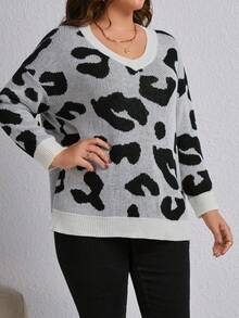 SHEIN LUNE Hơn Hoa văn Báo Thả vai Áo len - Đen và trắng - Xem 3