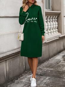 SHEIN LUNE Women's Hooded Long Sweatshirt Dress With Letter Pattern - Dark Green - View 5
