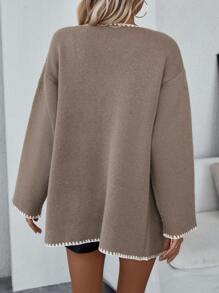 Chiquease 女士開襟衫,配對比色修邊和下垂肩設計 - 駝色 - 查看 2