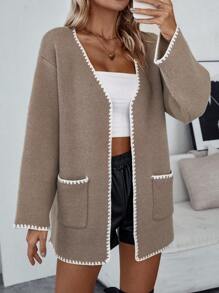 Chiquease 女士開襟衫,配對比色修邊和下垂肩設計 - 駝色 - 查看 5