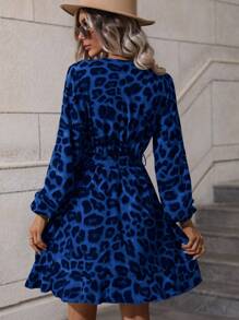 EMERY ROSE 豹紋印花燈籠袖荷葉邊圍裹下擺繫腰帶洋裝 - 寶藍色 - 查看 2