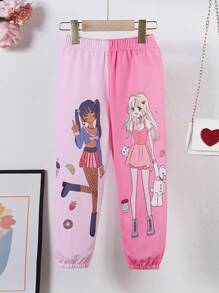 SHEIN Girls' New Style Elastic Waist Printed Sweatpants With Mandarin Ducks Pattern, Toddler/little Kids - Pink - View 5