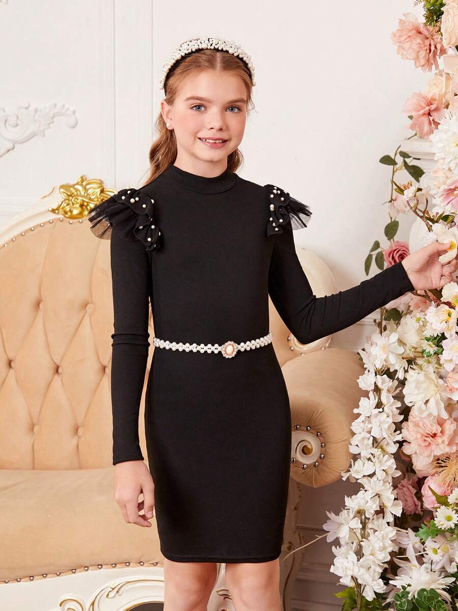 Cô gái Tween 1 Miếng Ngọc trai đính cườm Lưới Viền Ruffle Cổ giả Đầm Không có thắt lưng - màu đen - Xem 1