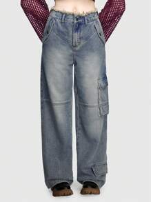 ROMWE Fairycore Pocket Straight-leg Jeans With Fading Edge - Dark Grey - View 1