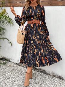 SHEIN VCAY Váy xếp nếp tay đèn lồng họa tiết hoa - màu đen - Xem 6