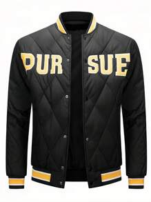 Manfinity Homme Nam Thêu Chữ Sọc trang trí Áo khoác Quilted - màu đen - Xem 1