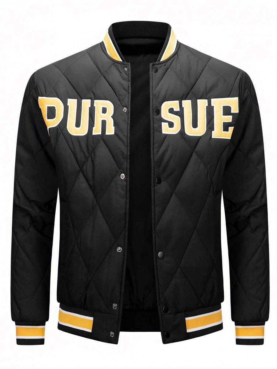 Manfinity Homme Nam Thêu Chữ Sọc trang trí Áo khoác Quilted - màu đen - Xem 1