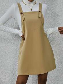 SHEIN LUNE Solid Color Suspender Dress - Khaki - View 4