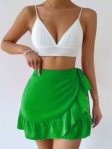 SHEIN Privé 女式荷葉邊裹身裙 - 綠色 - 查看 3