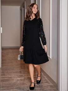 RueChic Teen Girl Contrast Sequin Ruffle Hem Dress - Black - View 4