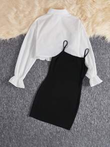SHEIN Teen Girl Flounce Sleeve Blouse & Cami Dress - Black and White - View 2