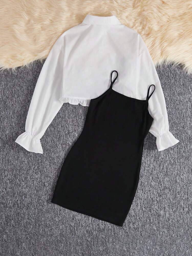 Teen Girl Flounce Sleeve Blouse & Cami Dress
