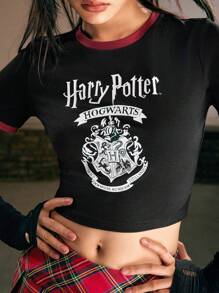 Harry Potter | ROMWE Của phụ nữ Phong cách Học viện Mùa vụ Áo thun - màu đen - Xem 4