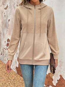 SHEIN LUNE 拼接連帽運動衫 - 駝色 - 查看 6