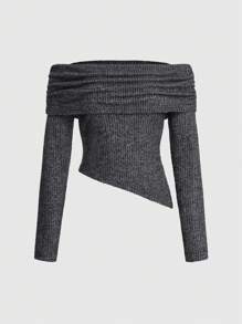 ROMWE Grunge Punk Women's Gray Off Shoulder Fashionable Long Sleeve T-shirt - Black - View 1