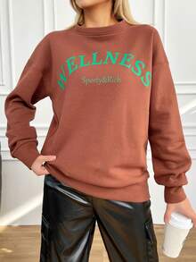 SHEIN Cottnline Đứng cổ áo Tiếng Anh In thư Thả vai Tay áo Áo nỉ - màu nâu - Xem 1