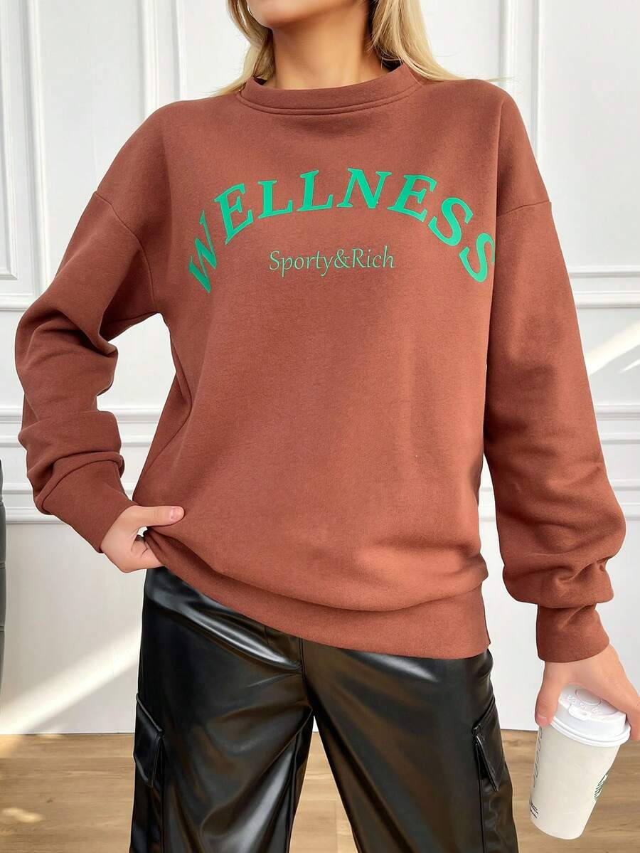 SHEIN Cottnline Đứng cổ áo Tiếng Anh In thư Thả vai Tay áo Áo nỉ - màu nâu - Xem 1