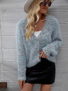 SHEIN Essnce Dệt kim Marled Thả vai Áo len Mở - Màu xanh lam - Xem 3