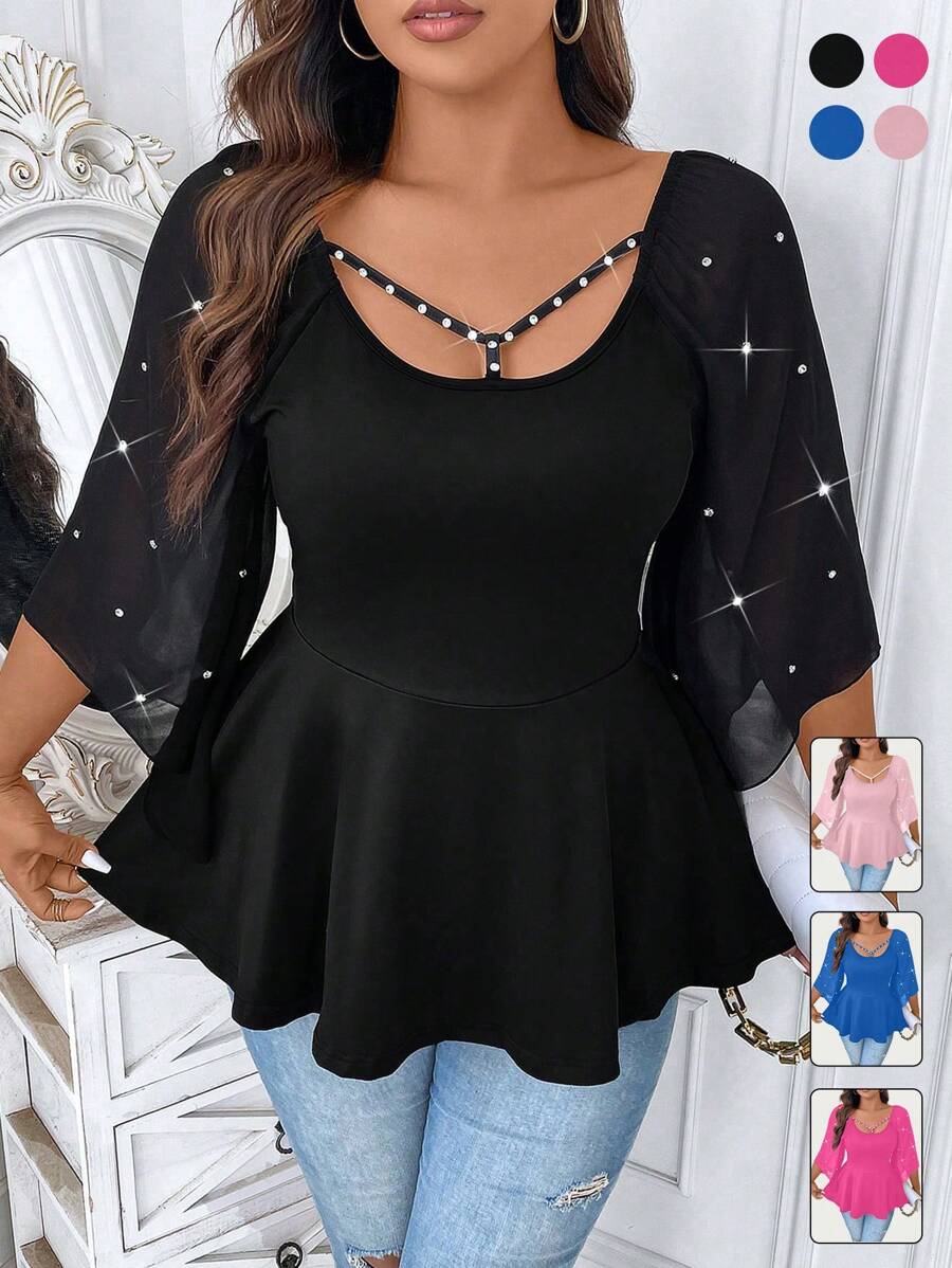 SHEIN Clasi Top De Talla Grande Con Mangas Acampanadas Y Cinturón En La Cintura