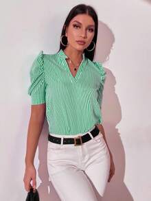 SHEIN Clasi Striped V-neck Blouse With Puff Sleeves For Women - Green - View 3