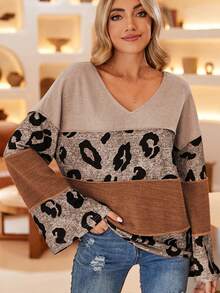 Acelitt V-neck Leopard Print Color Block T-shirt - Multicolor - View 5