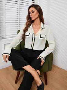 GENKIRA Tương phản Màu sắc Edging Tay áo dài Áo sơ mi - Màu be - Xem 5