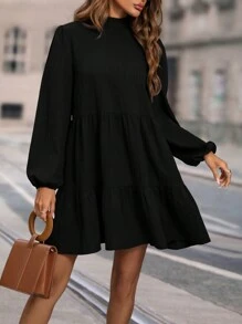 SHEIN Clasi 立領純色拼接長袖娃娃裙 - 黑色 - 查看 1