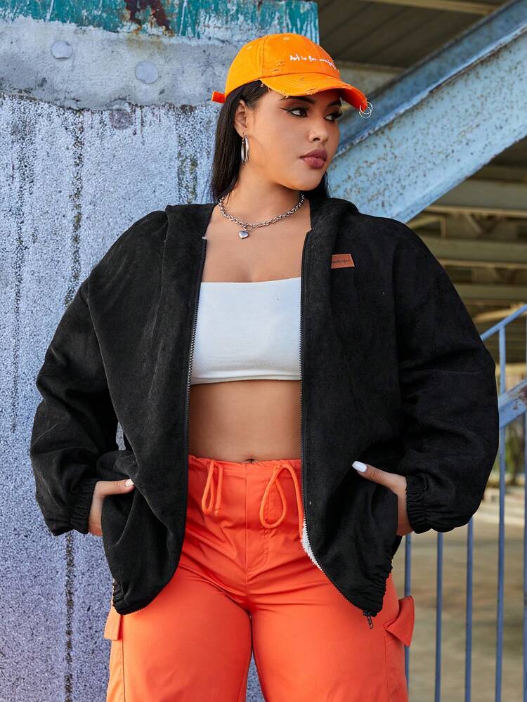 Women's Plus Size Black Woven Hooded Jacket With Thermal Lined