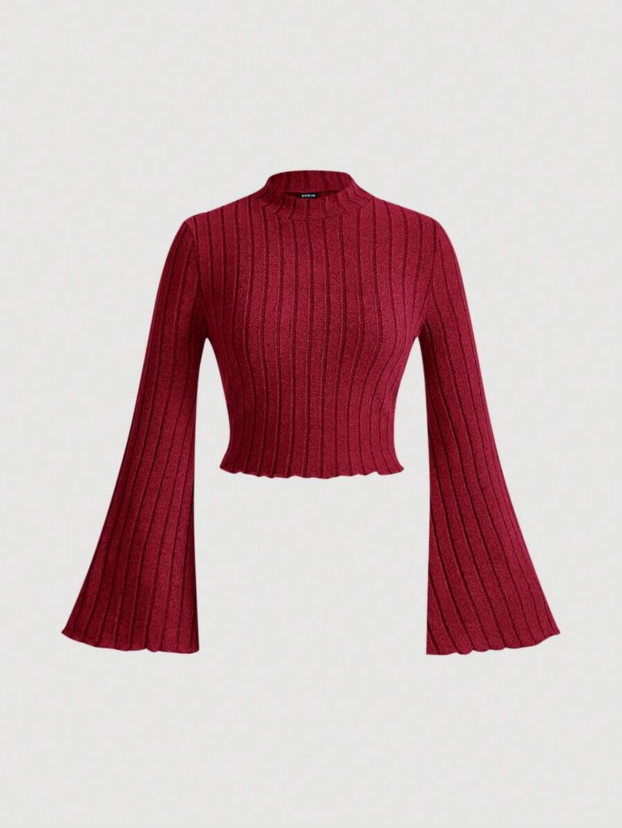 SHEIN MOD Mock Neck Lettuce Trim Trumpet Sleeve Tee - Red - View 1