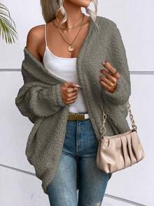 SHEIN LUNE 女款純色不對稱下擺蝙蝠袖大衣 - 淺灰色 - 查看 3