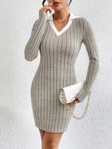 SHEIN Essnce Của phụ nữ Khối màu Vòng cổ Đóng gói Hông Váy bodycon - Màu be - Xem 4