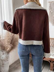 SHEIN LUNE Khối màu Teddy Vòng cổ Áo khoác - Cà phê nâu - Xem 2