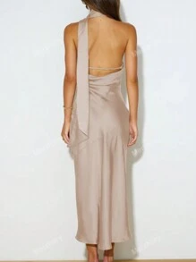 Fashionable Sleeveless Satin Solid Color Fitted Midi Dress, Elegant & Versatile