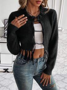 SHEIN Clasi Women'S Tie Front Open Cardigan - Black - View 4