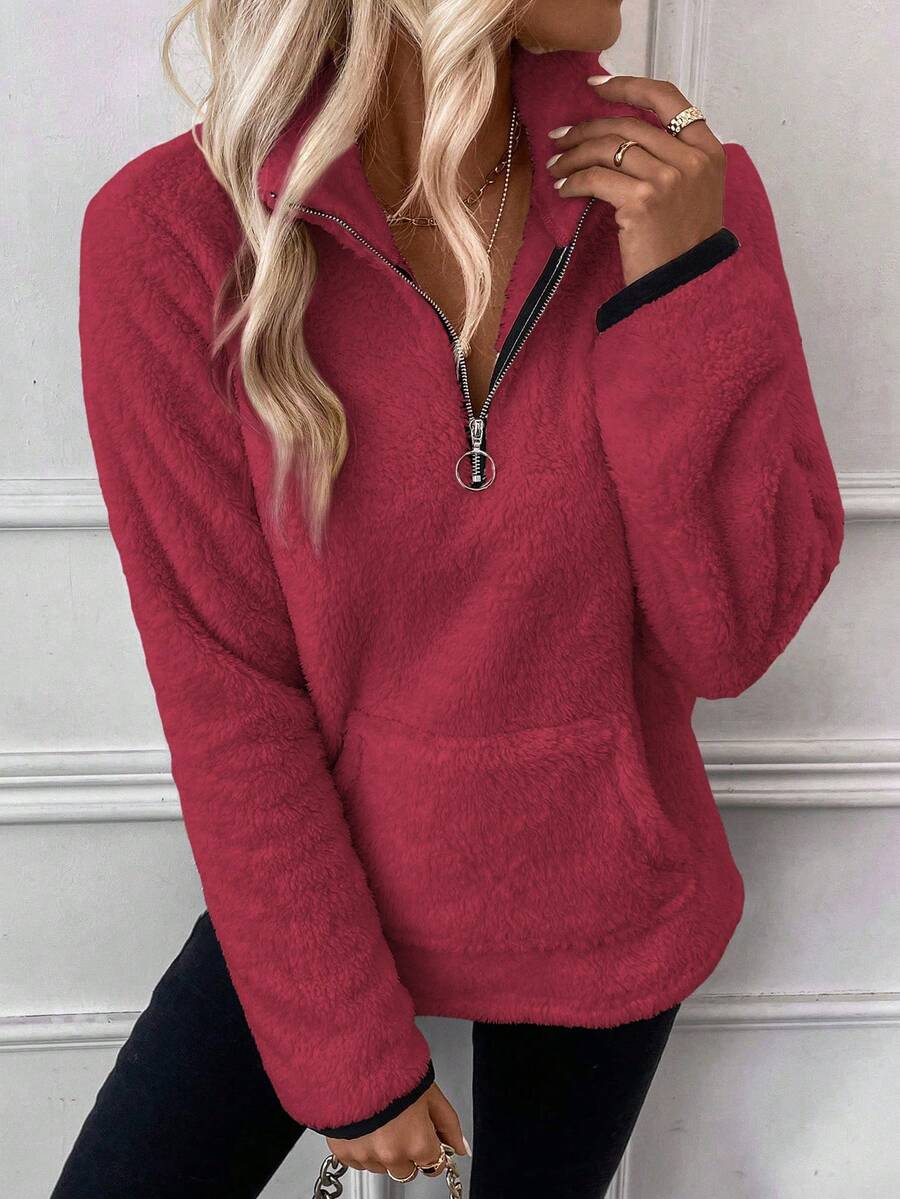 SHEIN LUNE Solid Color Kangaroo Pocket Zipper Half Open Plush Sweatshirt - Burgundy - View 1