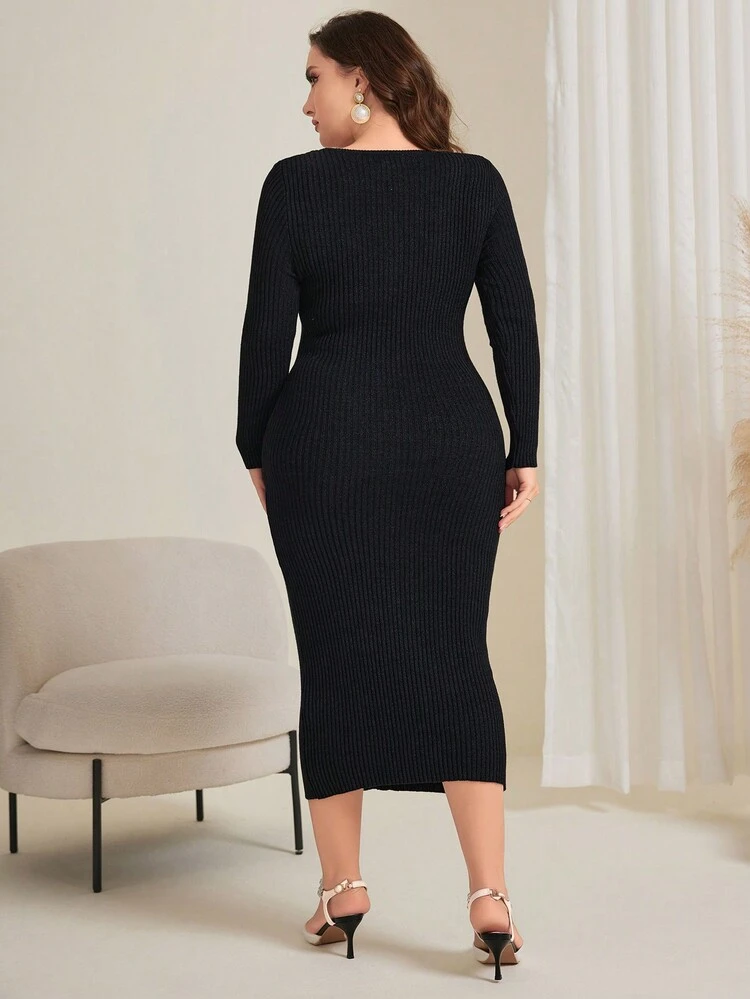 Women'S Solid Color Round Neck Long Sleeve Mid-Length Bodycon Dress