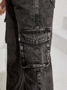 Cô gái Tween Túi nắp bên cạnh Quần jean chở hàng - Xám - Xem 4