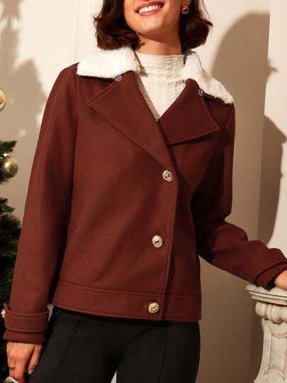 SHEIN Frenchy 聖誕羊絨領口前紐扣花呢外套