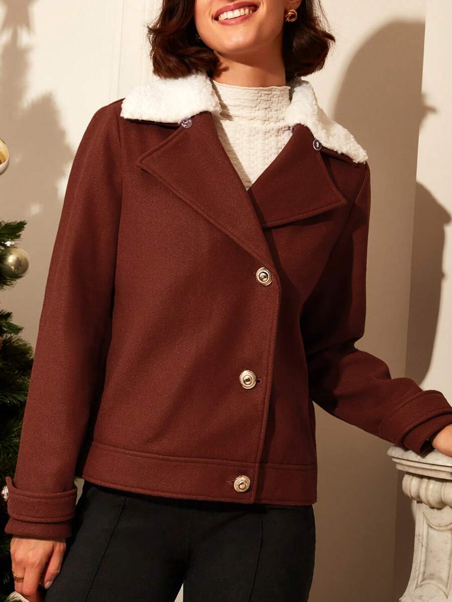 SHEIN Frenchy 聖誕羊絨領口前紐扣花呢外套 - 鏽棕色 - 查看 1