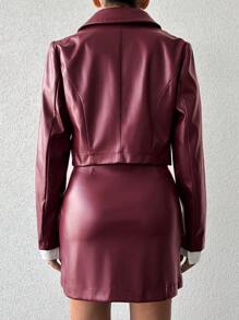 EURMUSE Solid PU Jacket & Skirt - Burgundy - View 2