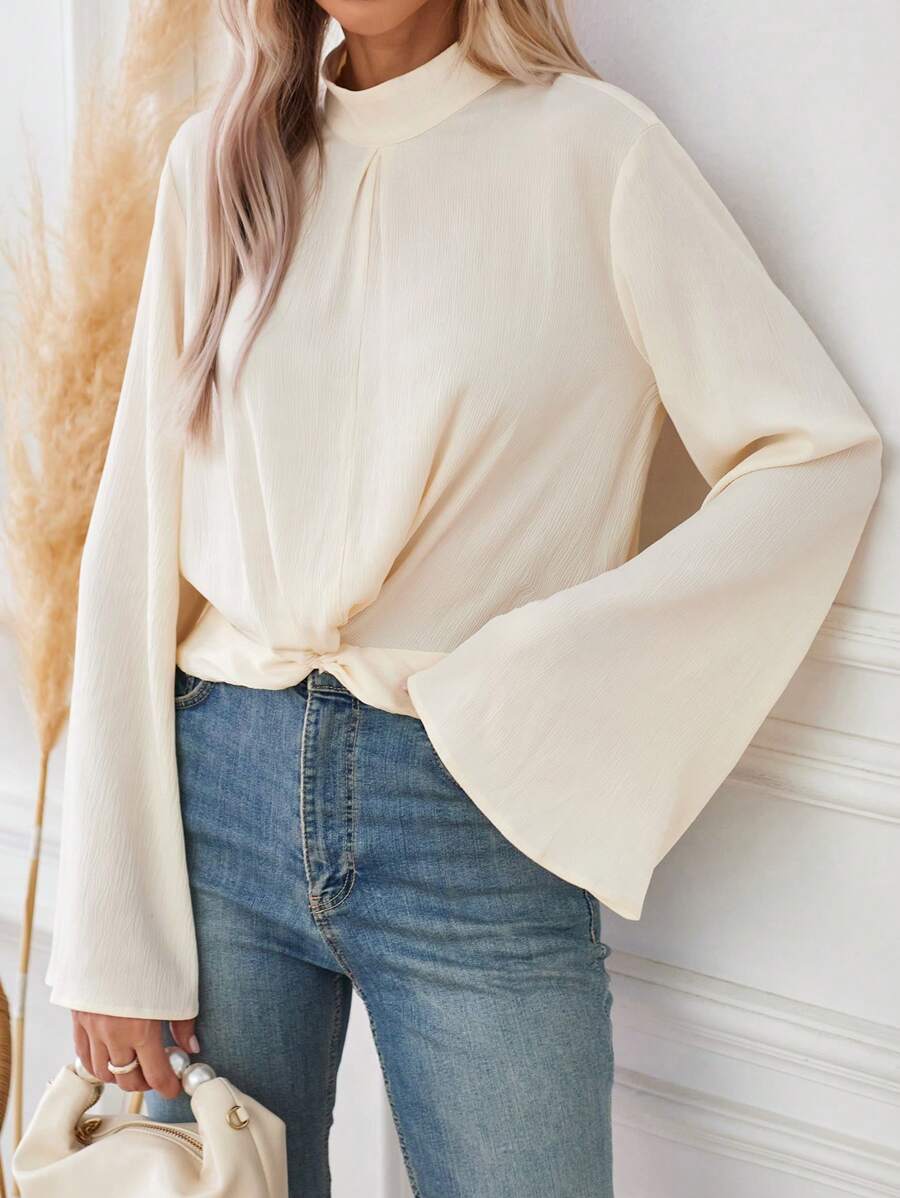 GENKIRA Solid Color Stand Collar Bell Sleeve Shirt Fall Cloth For Women - Beige - View 1
