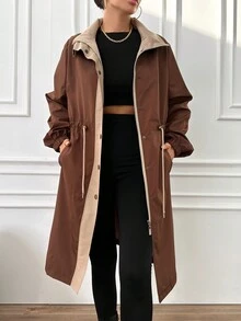 EURMUSE Chaqueta Con Cremallera Y Botonadura Sencilla En Contraste Para Mujer - Marrón - Ver 4