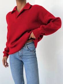 RueChic Women's Solid Color Drop Shoulder Sweater - Red - View 5