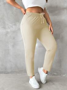 SHEIN Cottnline Solid Color Drawstring Plus Size Sweatpants - Apricot - View 5