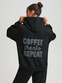 JoyandElle Artist Women's Letter Print Long Sleeve Hoodie, Holiday, Thanksgiving, Winter - Black - View 2