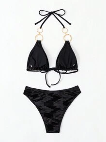 SHEIN Swim Women's Halter Neck Bikini Set Summer Beach - Black - View 4